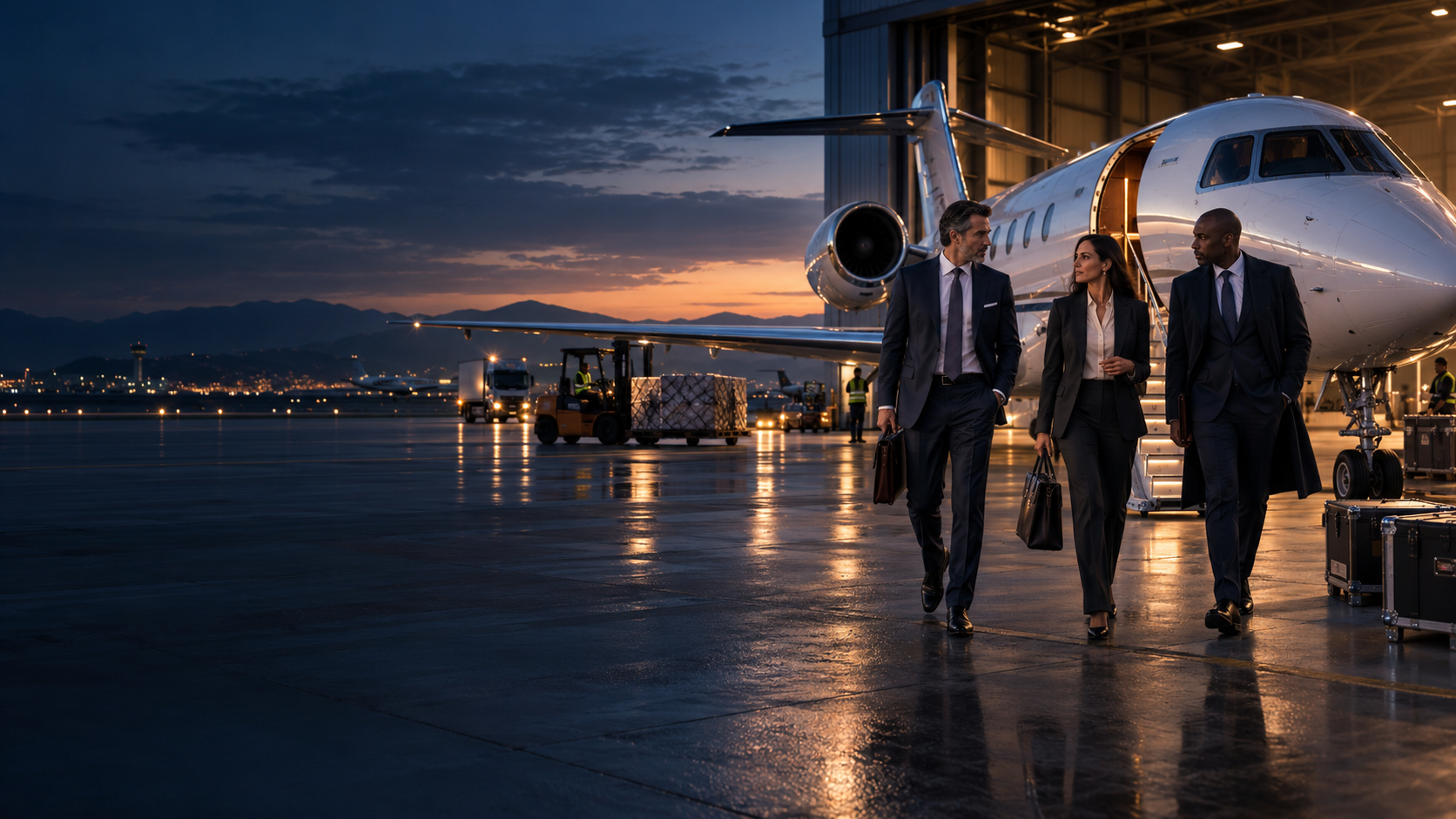 Equipo empresarial junto a un avión ejecutivo y una operación logística internacional